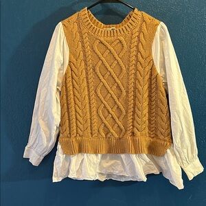 Anthropologie Brown Crew Neck Sweater with Textured Cable Knit